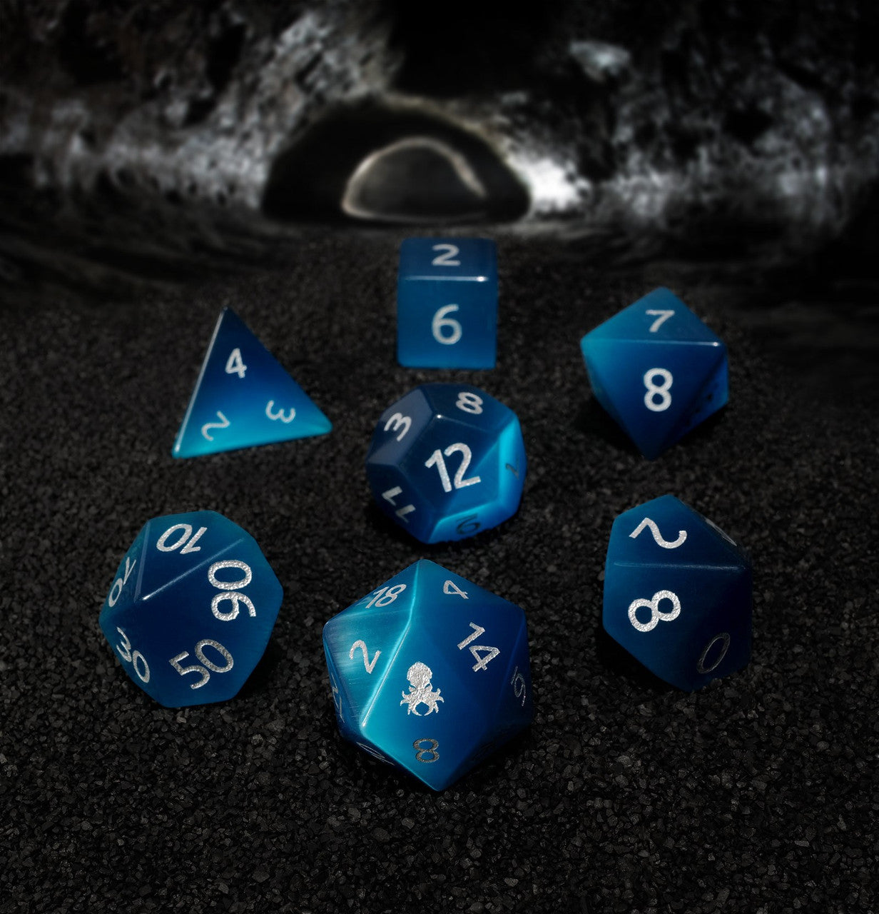 Blue Cat-Eye Semi-Precious 7 pc Glass Dice Set for RPGs